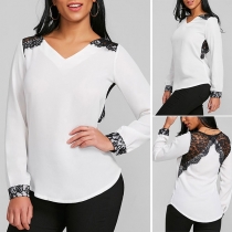 Sexy Lace Spliced Long Sleeve V-neck T-shirt