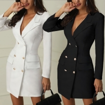 OL Style Long Sleeve Double-breasted Notched Lapel Slim Fit Dress