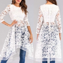 Sexy See-through Lace Spliced Long Sleeve High-low Hem Dress