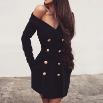 Sexy Oblique V-neck Long Sleeve Double-breasted Slim Fit Dress