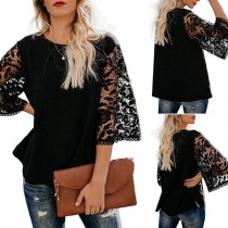 Fashion Lace Spliced 3/4 Trumpet Sleeve Round Neck T-shirt