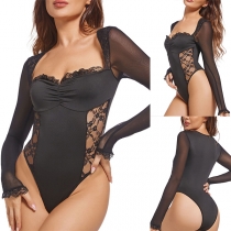 Sexy Deep V-neck Long Sleeve Solid Color Lace Bodysuit