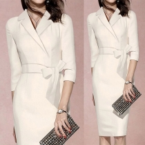 OL Style 3/4 Sleeve Notched Lapel Solid Color Slim Fit Dress