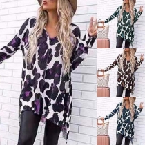 Fashion Long Sleeve V-neck Irregular Hem Leopard Shirt