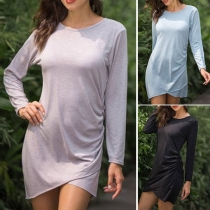 Fashion Solid Color Long Sleeve Round Neck Irregular Hem Wrinkled Dress