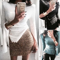Chic Style Slit Long Sleeve Round Neck Solid Color T-shirt