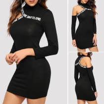 Sexy Off-shoulder Long Sleeve Mock Neck Letters Printed Tight Dress