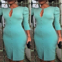 Elegant Solid Color 3/4 Sleeve Round Neck Slim Fit Dress