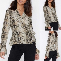 Fashion Contrast Color Deep V-neck Trumpet Sleeve Snakeskin Printed Shirt