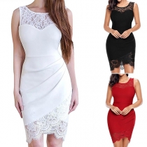 Fashion Solid Color Round-neck Sleeveless Over-hip Lace Spliced Dress