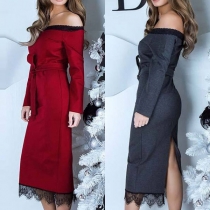 Fashion Boat-neck Solid Color Long Sleeve Lace Spliced Over-hip Dress