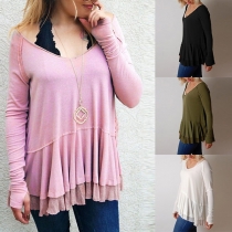 Fashion Solid Color Long Sleeve Round Neck Lace Spliced Hem Top
