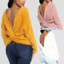 Sexy Backless Round Neck Solid Color Long Sleeve Sweater