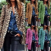 Fashion Round Neck Open Front Long Sleeve Longline Leopard Coat