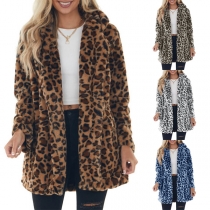 Fashion Round Neck Open Front Long Sleeve Longline Leopard Coat