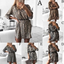 Sexy Pattern Print V-neck High-low Hem Long Sleeve Shirt Dress