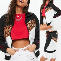 Fashion High Neck Zipper Front Leopard Spliced Long Sleeve Coat