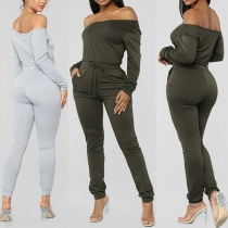 Sexy Strapless Solid Color Slim Fit Long Sleeve Jumpsuit