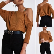 Sexy Solid Color One-shoulder Long Sleeve Ribbed Top