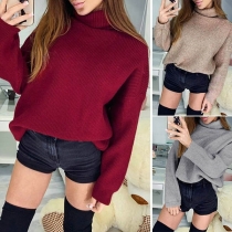 Fashion High Neck Solid Color Long Sleeve Loose Top