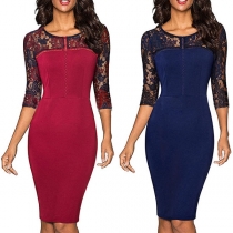 Fashion Lace Spliced 3/4 Sleeve Round Neck Slim Fit Dress