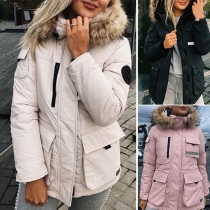 Fashion Solid Color Faux Fur Spliced Hooded Padded Coat