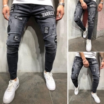 Fashion Badge Patched Slim Fit Ripped Jeans for Men