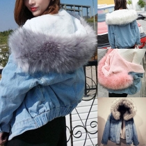 Fashion Faux Fur Spliced Hooded Plush Lining Denim Coat