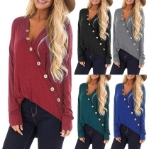 Fashion Solid Color Long Sleeve V-neck Oblique-button T-shirt