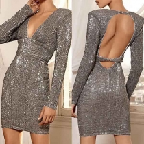 Sexy Solid Color Deep V-neck Long Sleeve Backless Slim Fit Over-hip Dress