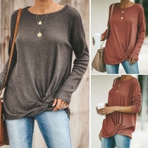 Fashion Solid Color Round-neck Long Sleeve Knitted Top