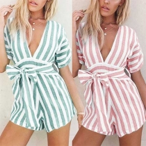 Sweet Contrast Color Short Sleeve Lace-up Slim Fit Striped Romper
