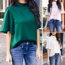 Fashion Solid Color High Neck Loose Short Sleeve T-shirt