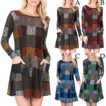 Fashion Contrast Color Round-neck Long Sleeve Side Packets Plaid Dress