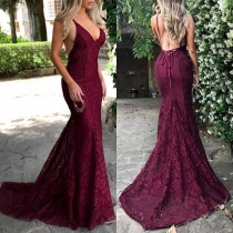 Sexy Backless Deep V-neck Floor-length Sling Lace Dress