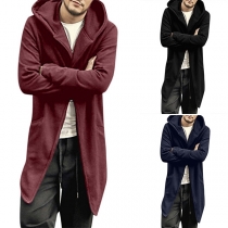 Fashion Solid Color Long Sleeve Slim Fit Zipper Hooded Men's Coat