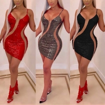 Fashion Contrast Color Gauze Spliced Sleeveless Paillette Dress