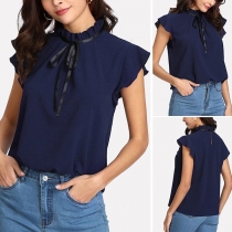 Sweet Style Lotus Sleeve Ruffle Stand Collar Solid Color Blouse
