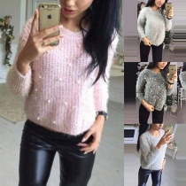 Fashion Solid Color Long Sleeve Round Neck Beaded Sweater