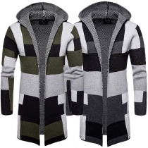 Fashion Contrast Color Long Sleeve Hooded Men's Knit Cardigan