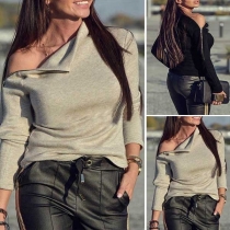 Fashion Solid Color Long Sleeve Oblique Collar T-shirt