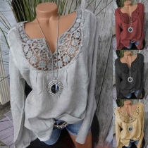 Fashion Solid Color V-neck Lace Spliced Long Sleeve Top