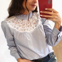 Fashion Pleated High Neck Lace Spliced Long Sleeve Stripe Top