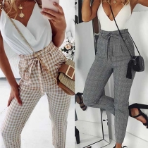 Casual Style High Waist Self-tie Plaid Pants