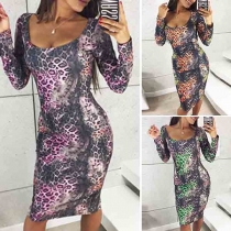 Fashion Long Sleeve Round Neck Slim Fit Leopard Print Dress