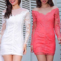 Sexy See-through Lace Spliced Long Sleeve Round Neck Slim Fit Dress