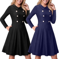 Elegant Solid Color Long Sleeve High Waist Double-breasted Dress
