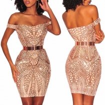 Sexy Off-shoulder Boat Neck Slim Fit Sequin Party Dress