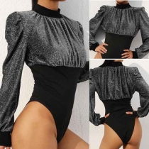 Fashion Contrast Color Lantern Sleeve Mock Neck Bodysuit