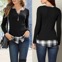 Fashion Long Sleeve V-neck Plaid Spliced T-shirt 